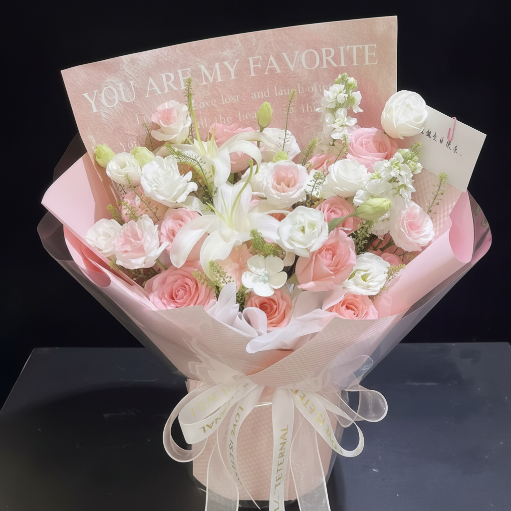 Custom flower arrangement for China delivery: Please customize this bouquet with a soft white, blush pink, and cream colour palette. If possible, use white roses, blush pink roses, white lilies, eucalyptus, and premium white or beige wrapping. I would like the bouquet to look elegant, modern, and luxurious. Please avoid bright red flowers.